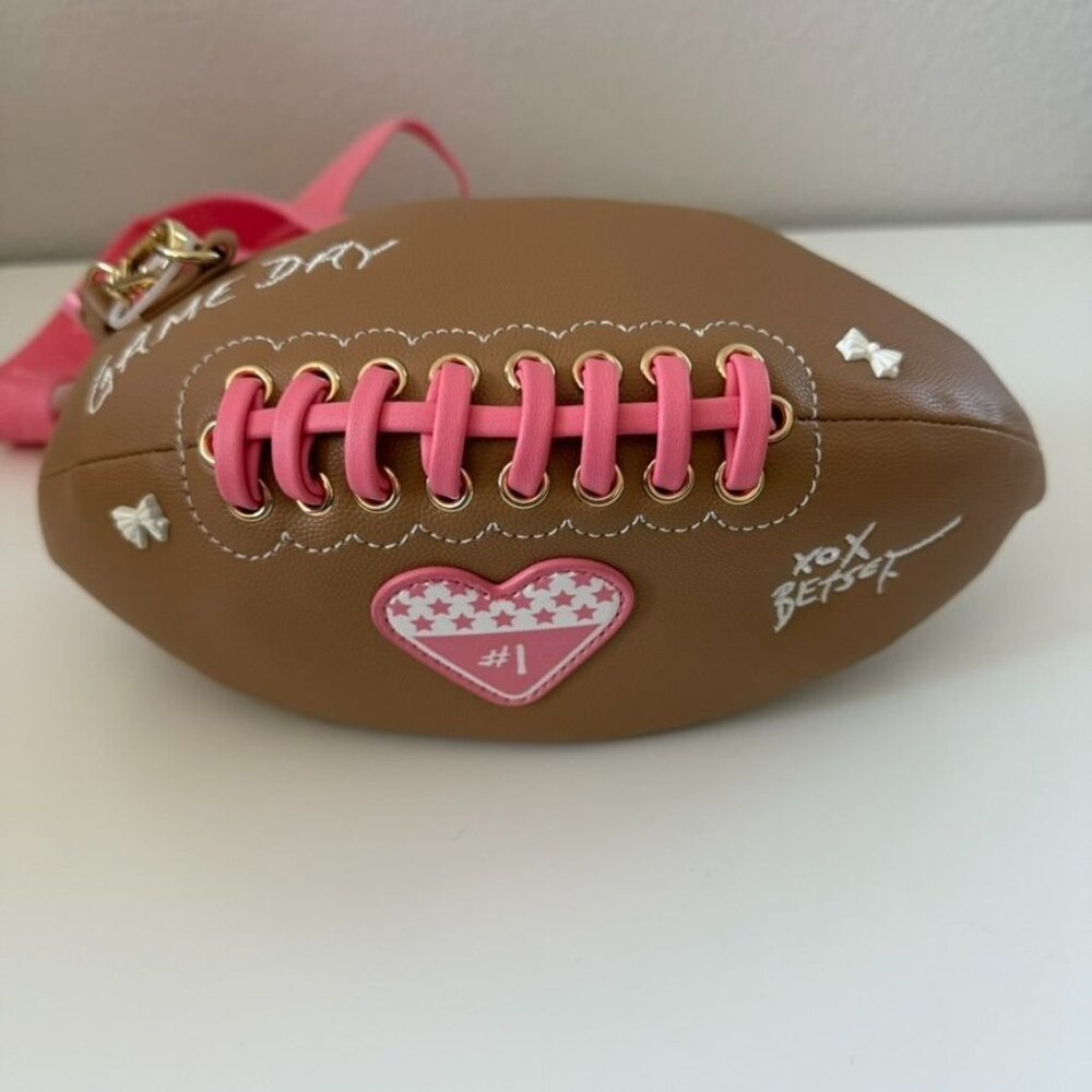 Betsey Johnson Game Day Football-Shaped Crossbody Bag With Pink Strap & Charm